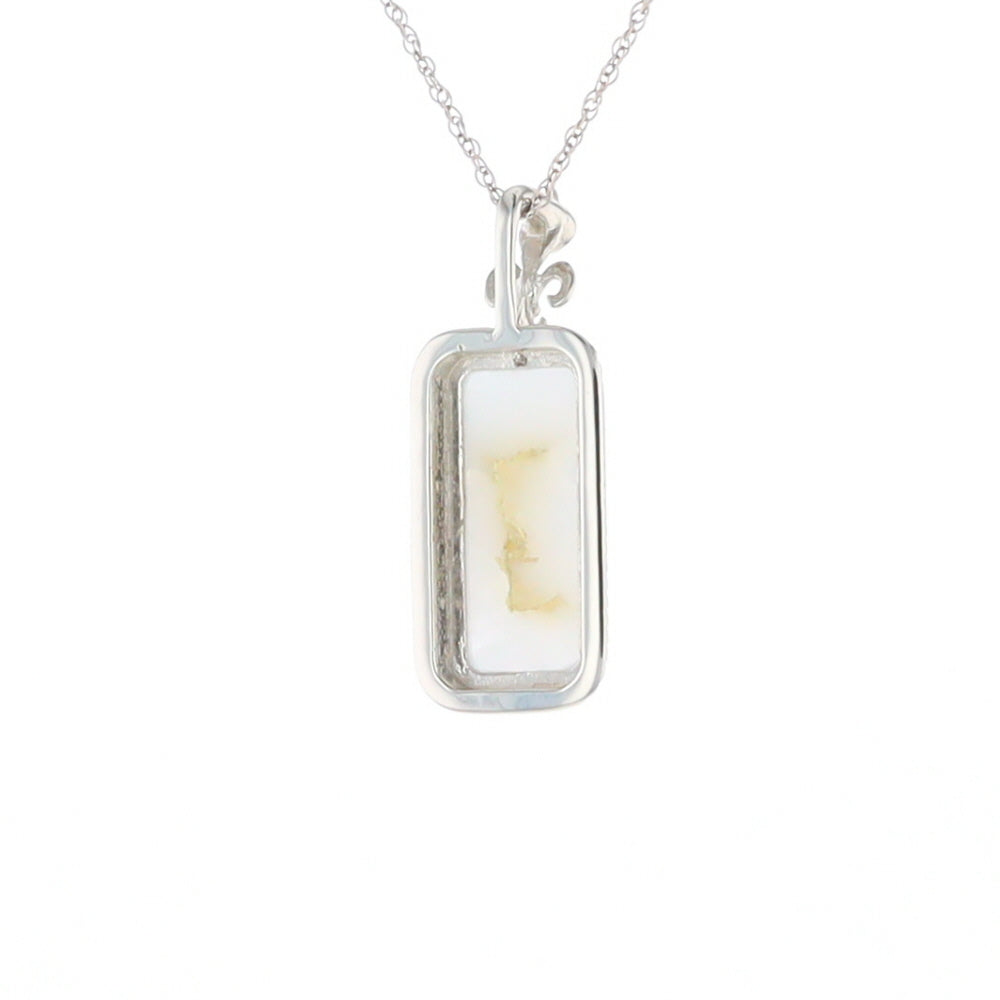 Gold Quartz Necklace, Rectangle Inlaid Fleur De Lis Design with .02ctw Diamond Pendant