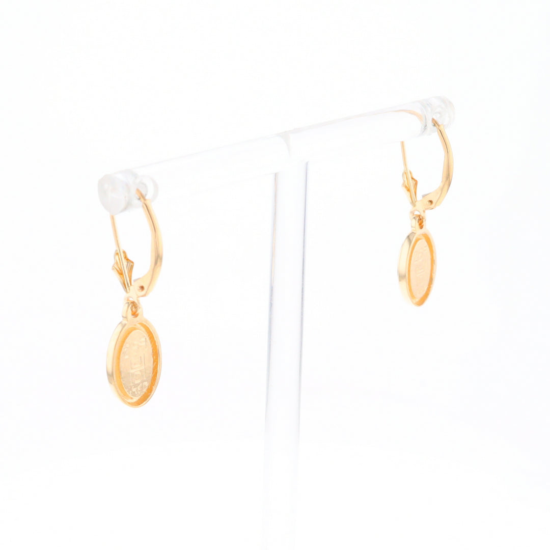 Gold Quartz Earrings Oval Inlaid Design Lever Backs - G2