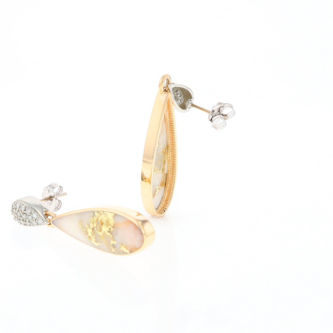 Gold Quartz Earrings, Tear Drop Inlaid with .22ctw Diamond Pave Design