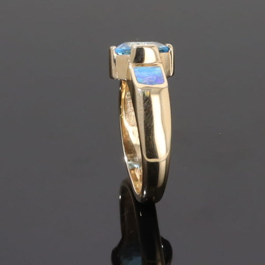 Opal Rings 2 Section Inlaid Design with Oval Swiss Blue Topaz Center