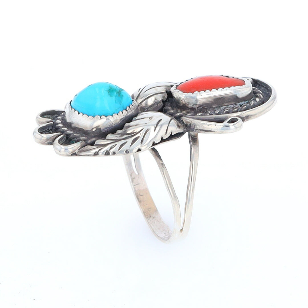 Freeform Turquoise and Coral Sterling Silver Double Leaf Ring