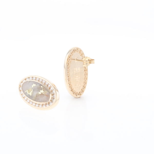 Gold Quartz Earrings Oval Inlaid Design .73ctw Round Diamonds Halo G2