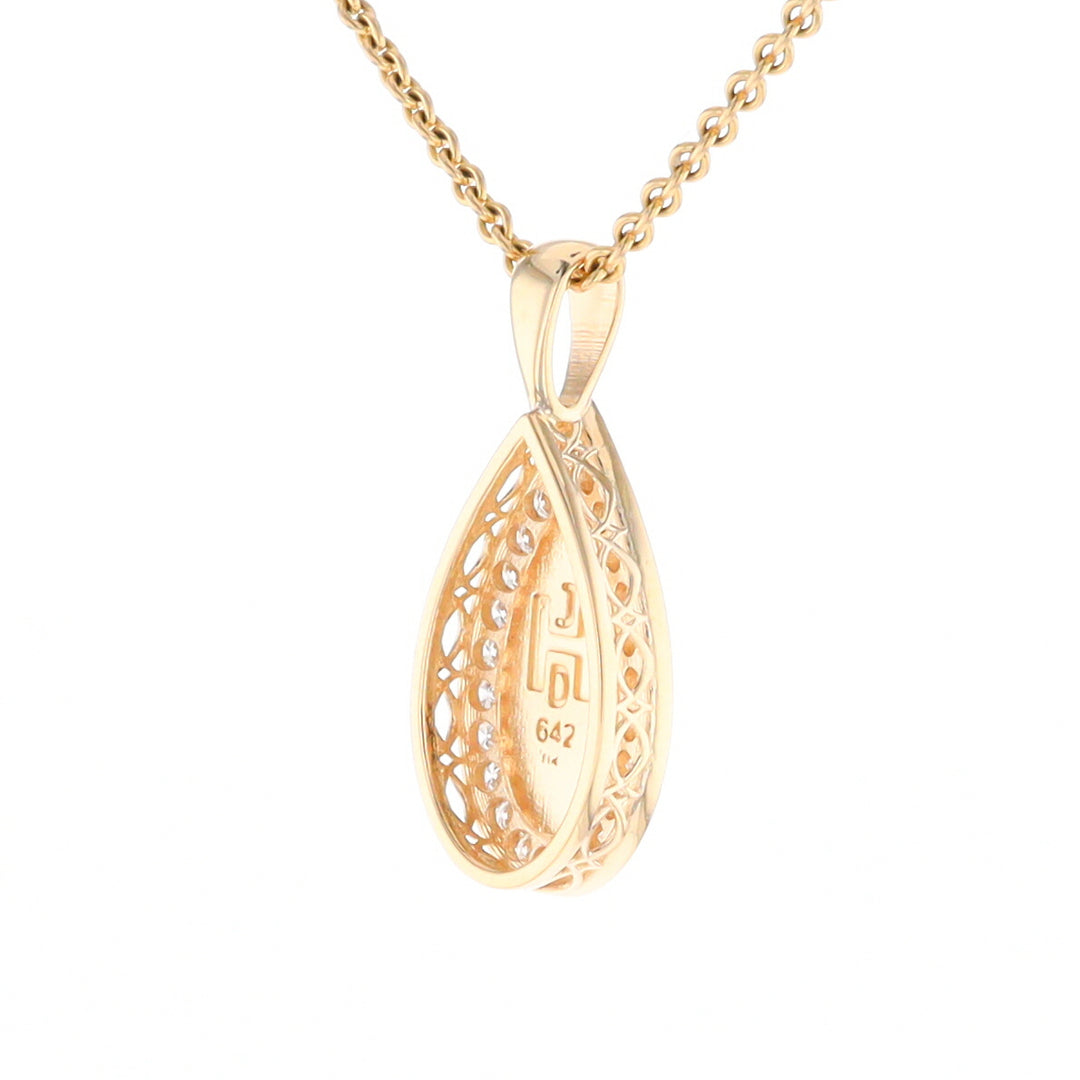 Gold Quartz Pendant Tear Drop Inlaid .42ctw Diamond Halo Design