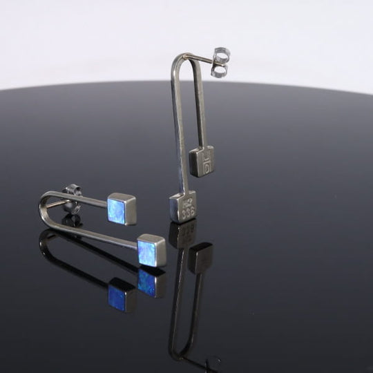 Opal Earrings Curved Bar Double Square Inlaid Ends Design Studs