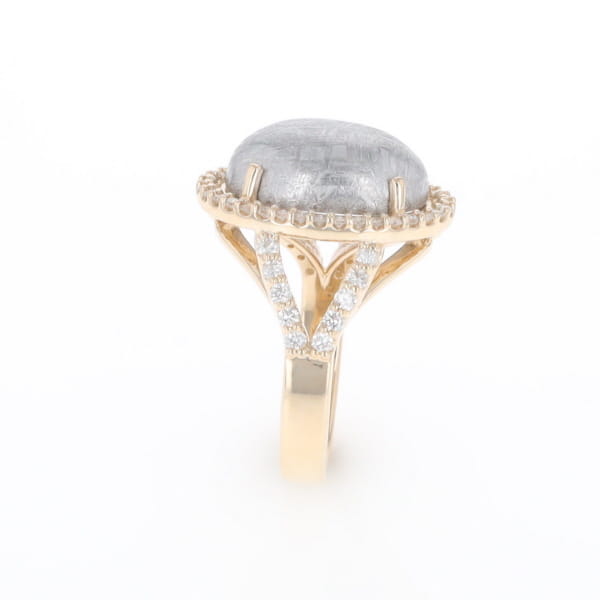 Meteorite Ring Oval Cabochon 0.65ctw Round Diamonds Halo