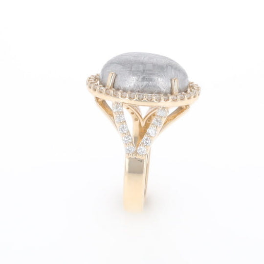 Meteorite Ring Oval Cabochon 0.65ctw Round Diamonds Halo