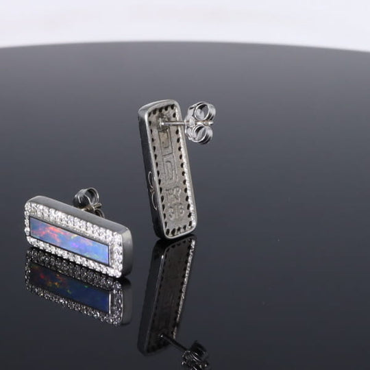 Opal Earrings Rectangle Inlaid with .50ctw Round Diamond Halo Studs