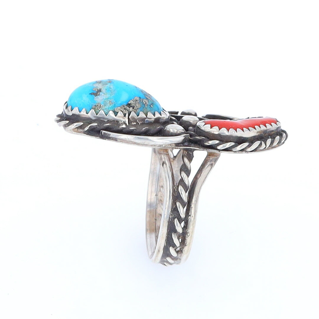 Freeform Turquoise and Coral Silver Rope Ring