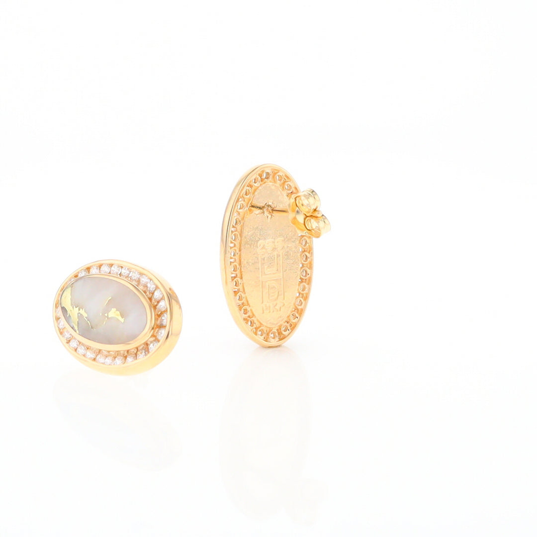 Gold Quartz Earrings Oval Inlaid Design .73ctw Round Diamonds Halo