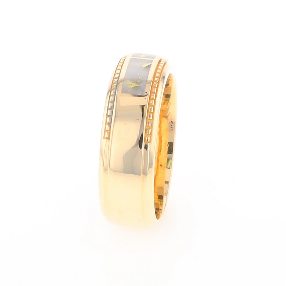 Gold Quartz Ring 3 Section Rectangle Inlaid Milgrain Border Band