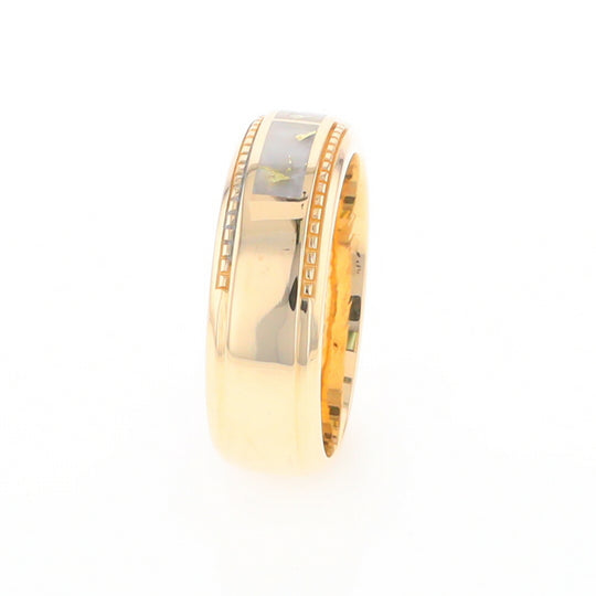 Gold Quartz Ring 3 Section Rectangle Inlaid Milgrain Border Band