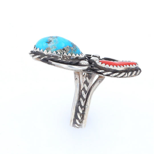 Freeform Turquoise and Coral Silver Rope Ring