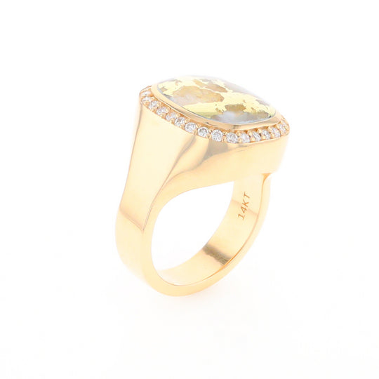 Gold Quartz Cushion Inlaid Men's Ring with Diamond Halo