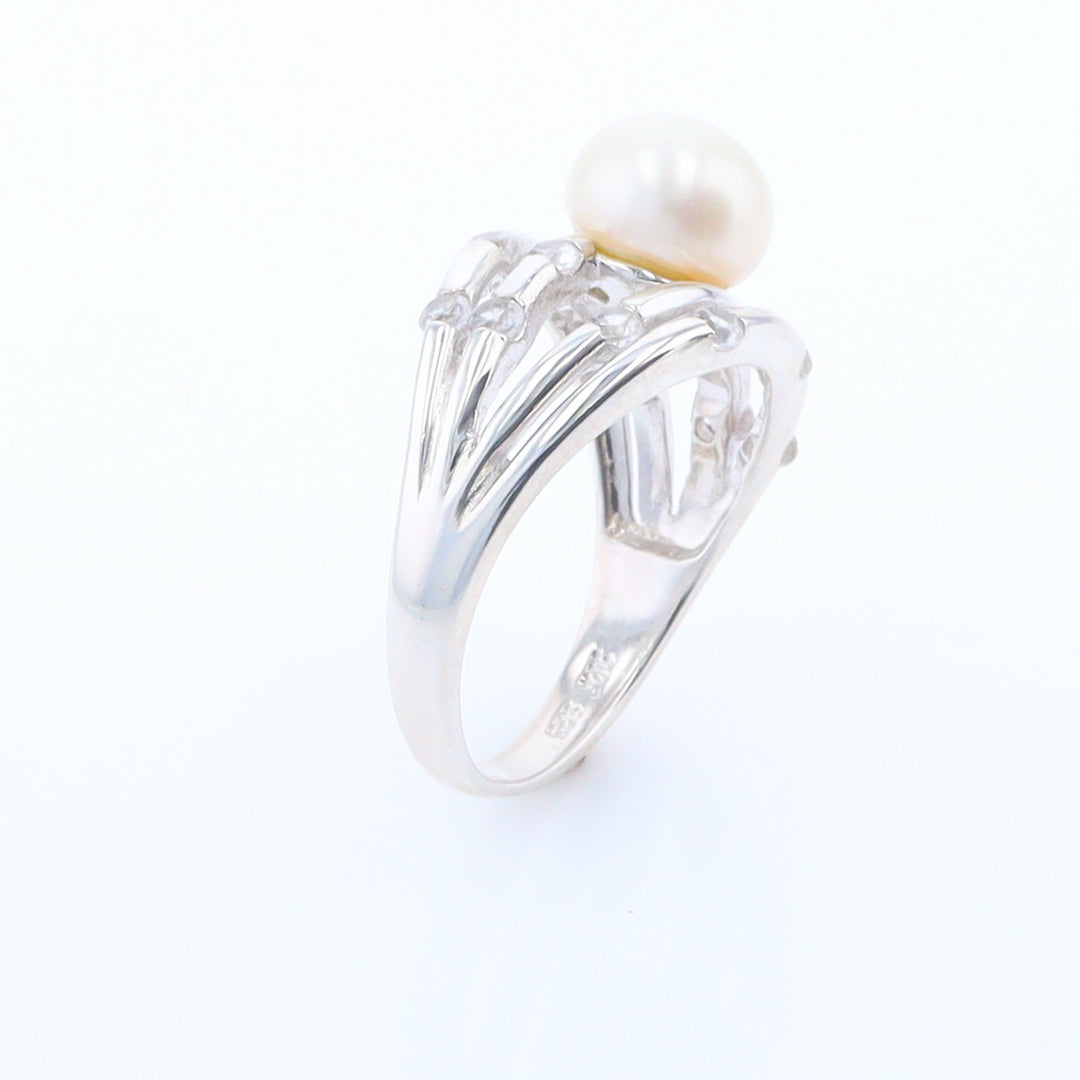 Pearl Bamboo Ring with Cubic Zirconia Accents