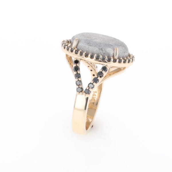 Meteorite Ring Oval Cabochon 0.65ctw Round Black Diamonds Halo