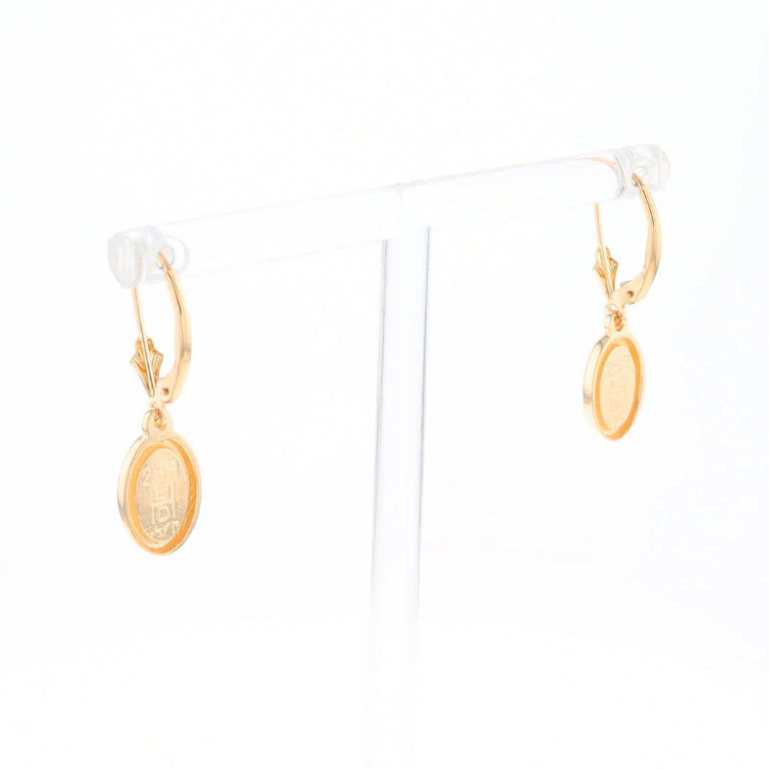 Gold Quartz Earrings Oval Inlaid Design Lever Backs - G2