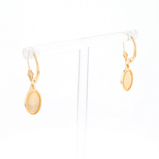 Gold Quartz Earrings Oval Inlaid Design Lever Backs - G2