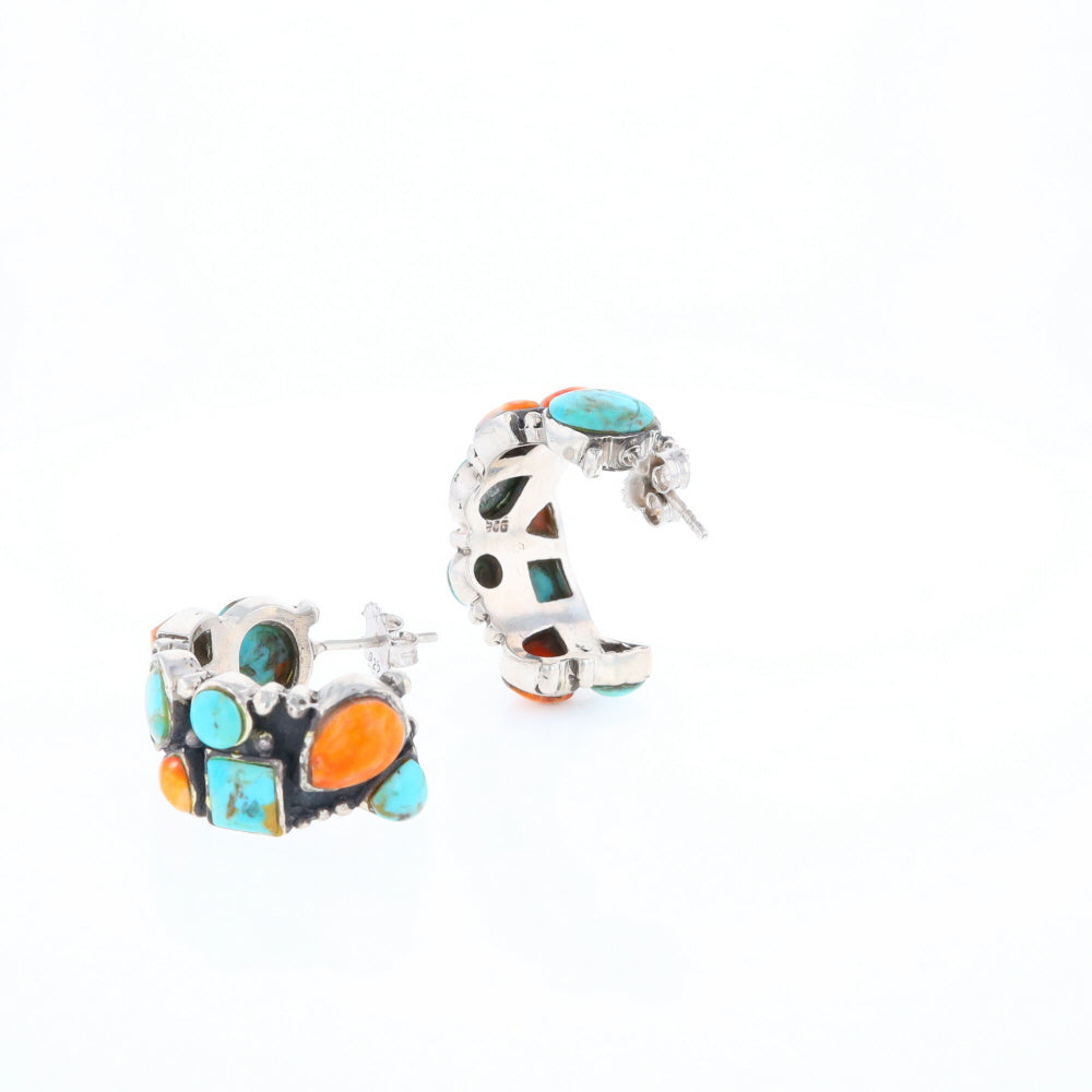 Turquoise & Spiny Oyster Semi-Hoop Stud Earrings