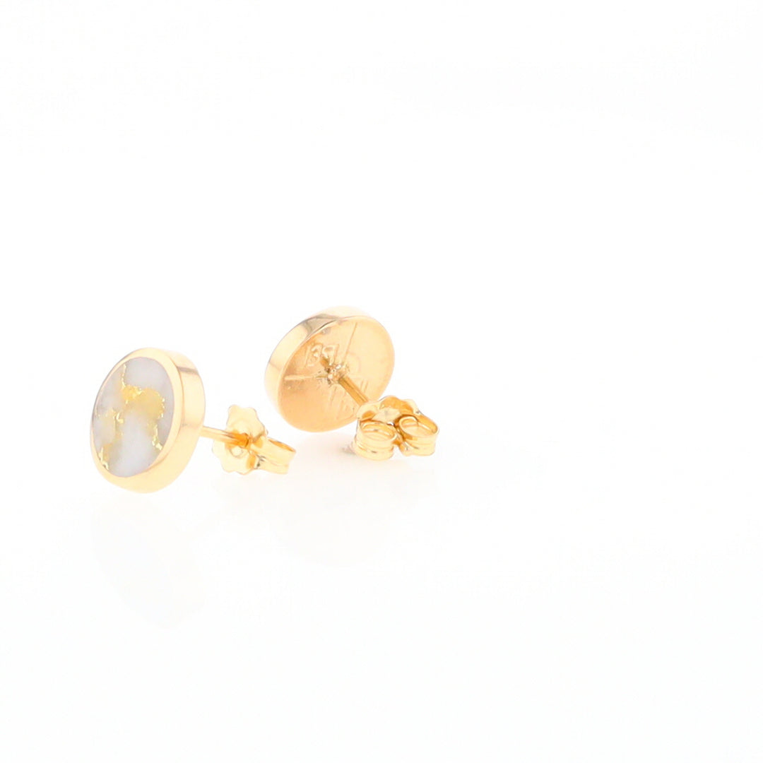 Gold Quartz Earrings 9mm Round Inlaid Studs - G2