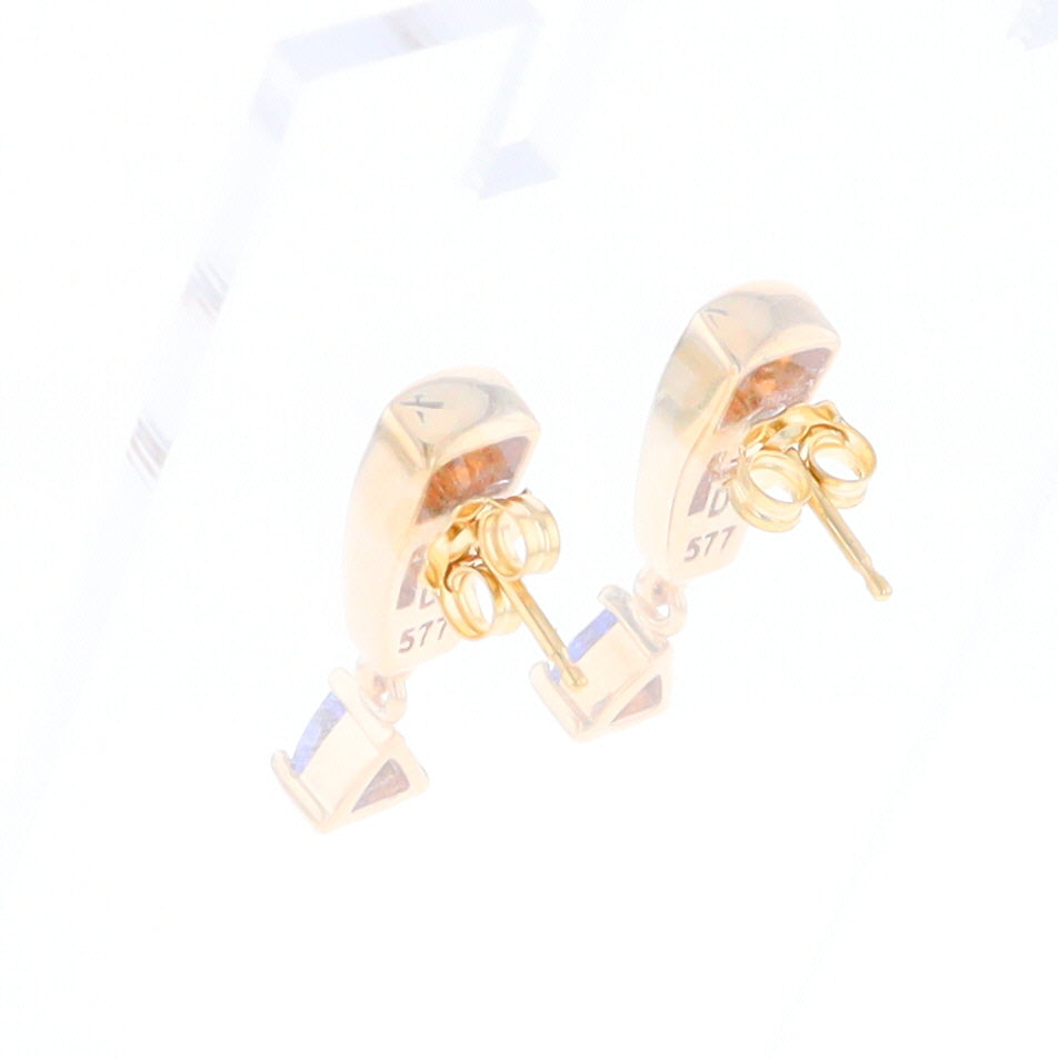 Gold Quartz Earrings Rectangle Inlaid Design with 0.11ct Diamonds & Trillion Cut Tanzanite