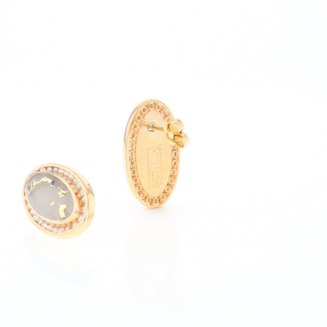 Gold Quartz Earrings Oval Inlaid Design .73ctw Round Diamonds Halo