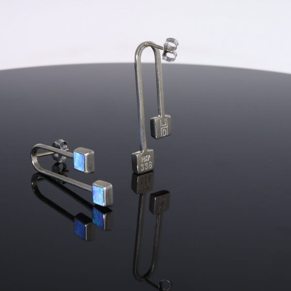 Opal Earrings Curved Bar Double Square Inlaid Ends Design Studs