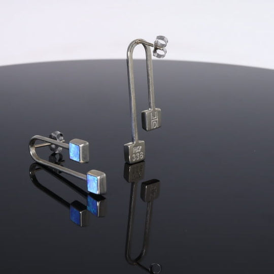 Opal Earrings Curved Bar Double Square Inlaid Ends Design Studs