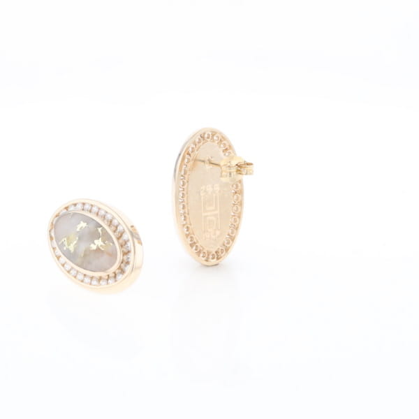 Gold Quartz Earrings Oval Inlaid Design .73ctw Round Diamonds Halo G2