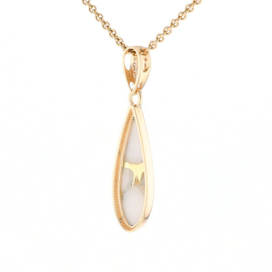 Gold Quartz Necklace, Tear Drop Inlaid Design with 0.11ctw Diamond Pave Pendant G2