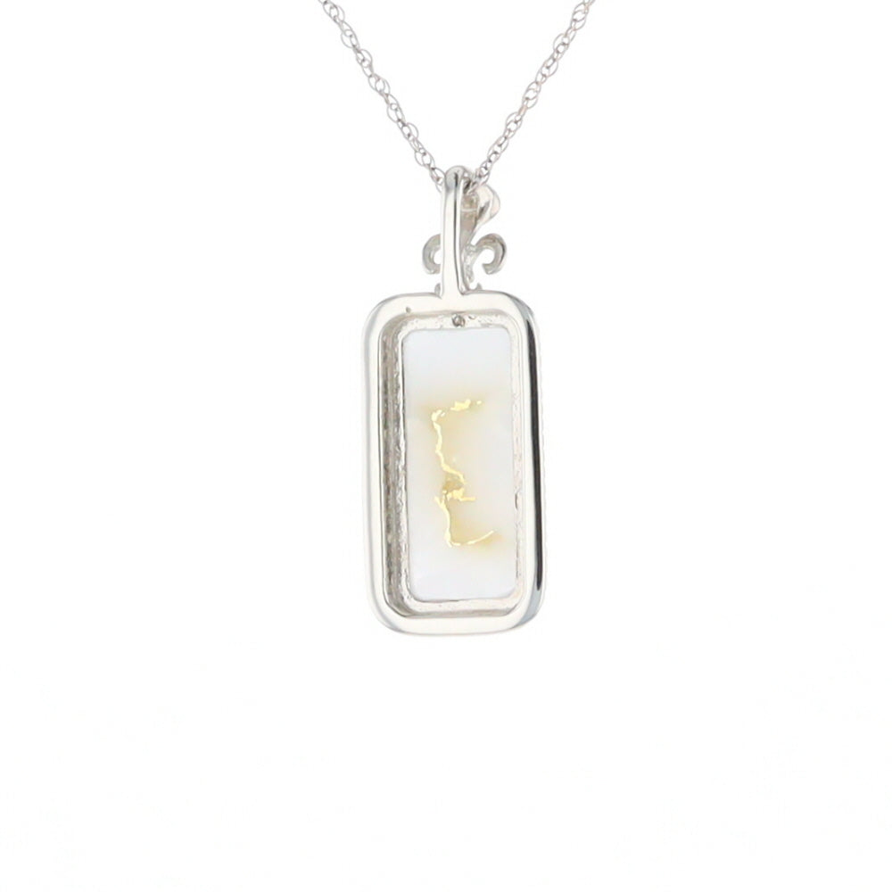 Gold Quartz Necklace, Rectangle Inlaid Fleur De Lis Design with .02ctw Diamond Pendant