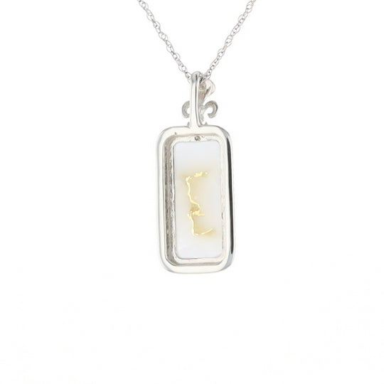 Gold Quartz Necklace, Rectangle Inlaid Fleur De Lis Design with .02ctw Diamond Pendant