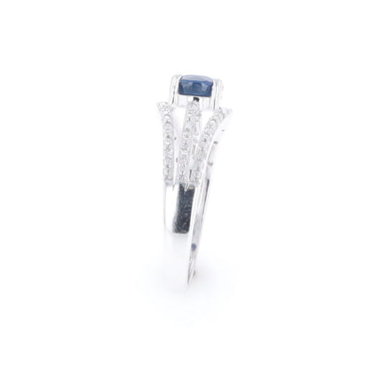Blue Sapphire Triple Shank Ring With Accent Diamonds