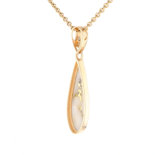 Gold Quartz Pendant Tear Drop Inlaid Design G2