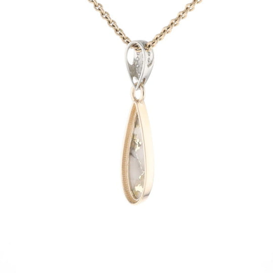 Gold Quartz Necklace Tear Drop Inlaid Pendant with .11ctw Diamonds