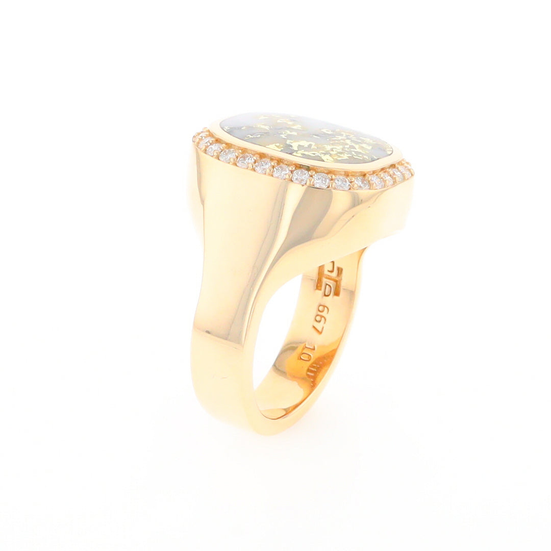 Gold Quartz Cushion Inlaid Men's Ring with Diamond Halo