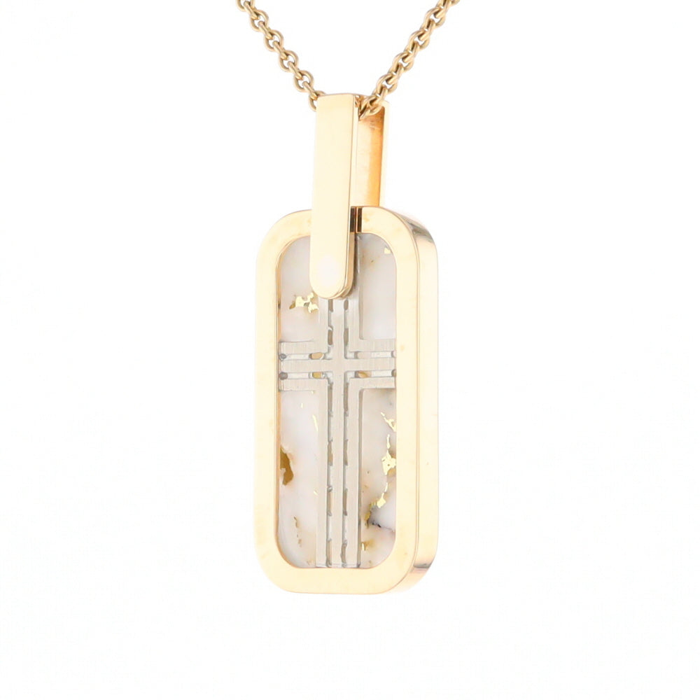 Gold Quartz Necklace Dog Tag Double Sided Inlaid Cross Pendant