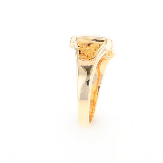 Gold Quartz Ring Square Inlaid Center Design with Natural Nugget Sides