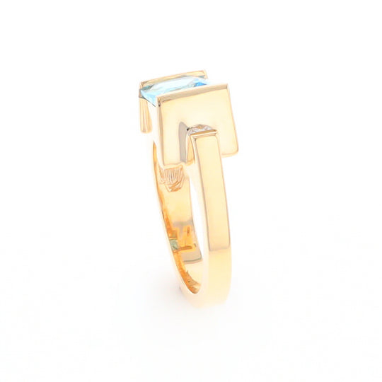 Gold Quartz Ring Rectangle Inlay Swiss Blue Topaz .06ct Round Diamond