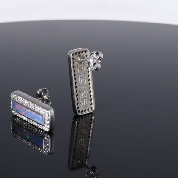 Opal Earrings Rectangle Inlaid with .50ctw Round Diamond Halo Studs
