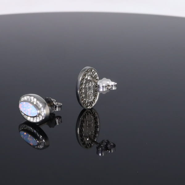 Opal Earrings Oval Inlaid with .25ctw Round Diamond Halo Studs