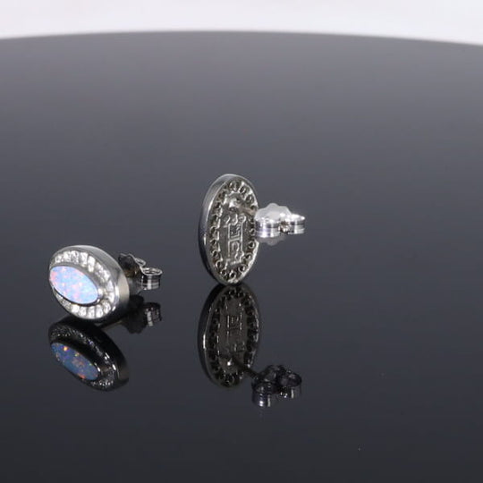 Opal Earrings Oval Inlaid with .25ctw Round Diamond Halo Studs