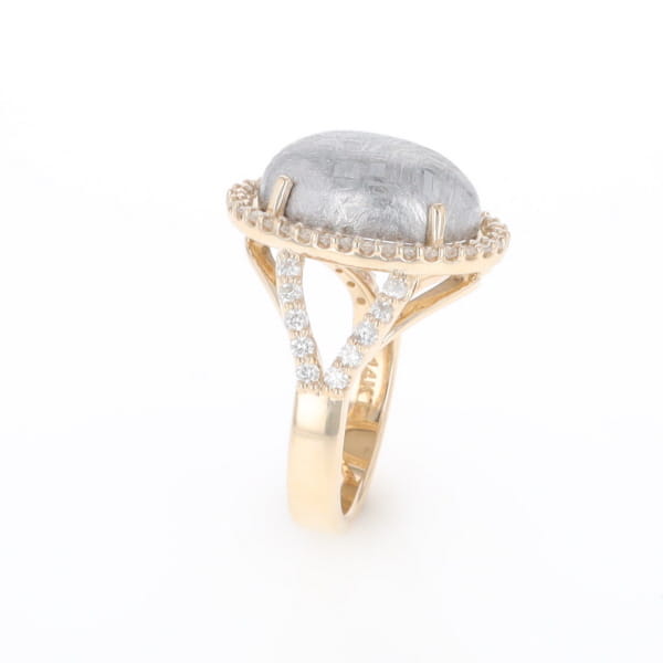 Meteorite Ring Oval Cabochon 0.65ctw Round Diamonds Halo