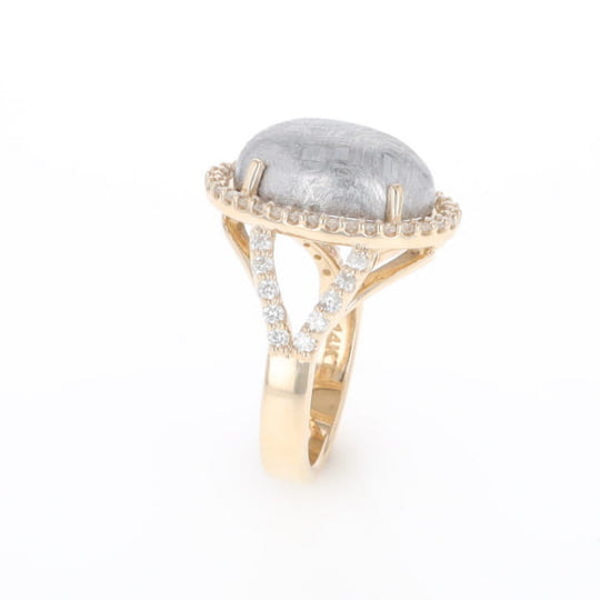 Meteorite Ring Oval Cabochon 0.65ctw Round Diamonds Halo
