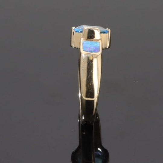 Opal Rings 2 Section Inlaid Design with Oval Swiss Blue Topaz Center