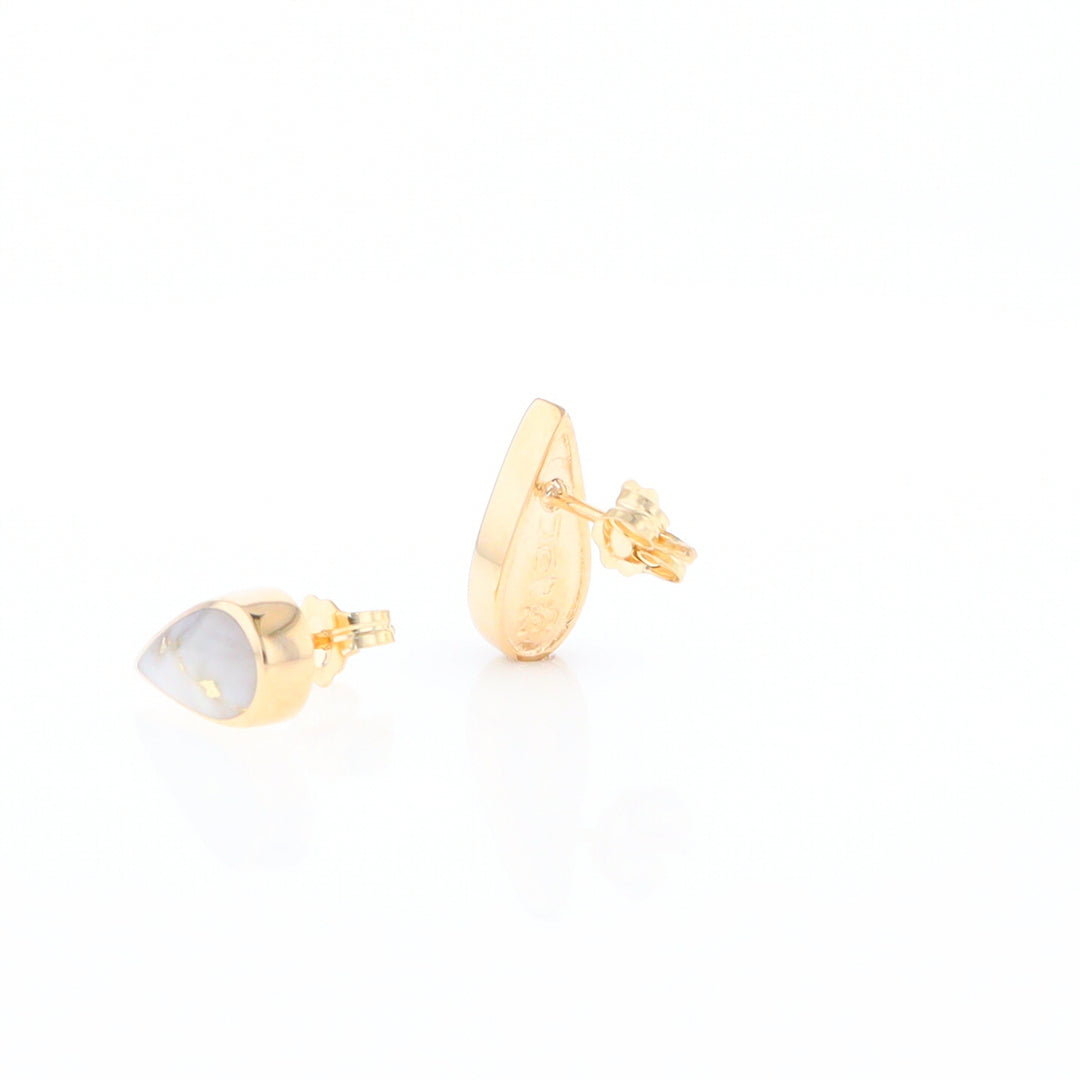 Gold Quartz Earrings Tear Drop Inlaid Studs