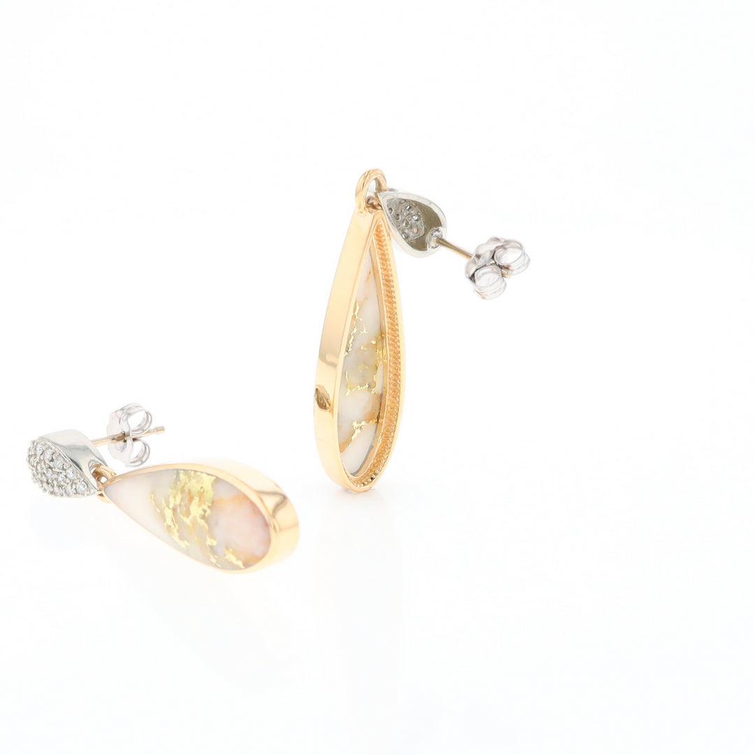 Gold Quartz Earrings, Tear Drop Inlaid with .22ctw Diamond Pave Design