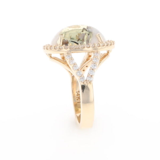 Gold Quartz Ring Oval Cabochon 0.65ctw Round Diamonds Halo