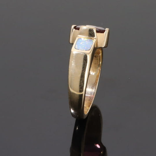 Opal Rings 2 Section Inlaid Design with Oval Pink Tourmaline