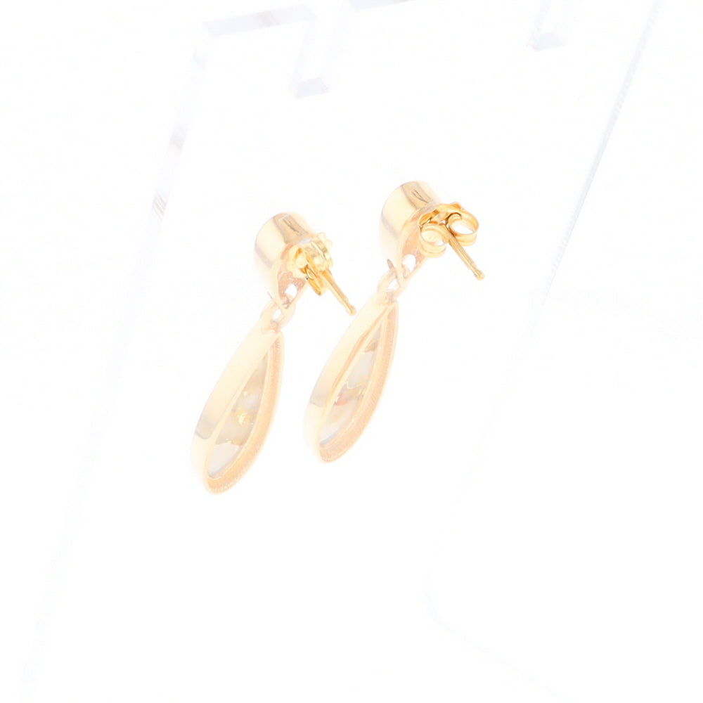 Gold Quartz Earrings Tear Drop Inlaid Design