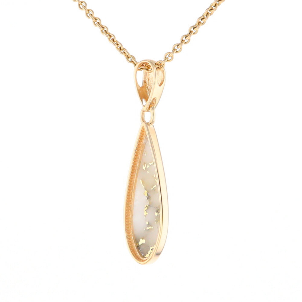 Gold Quartz Pendant Tear Drop Inlaid Design G2